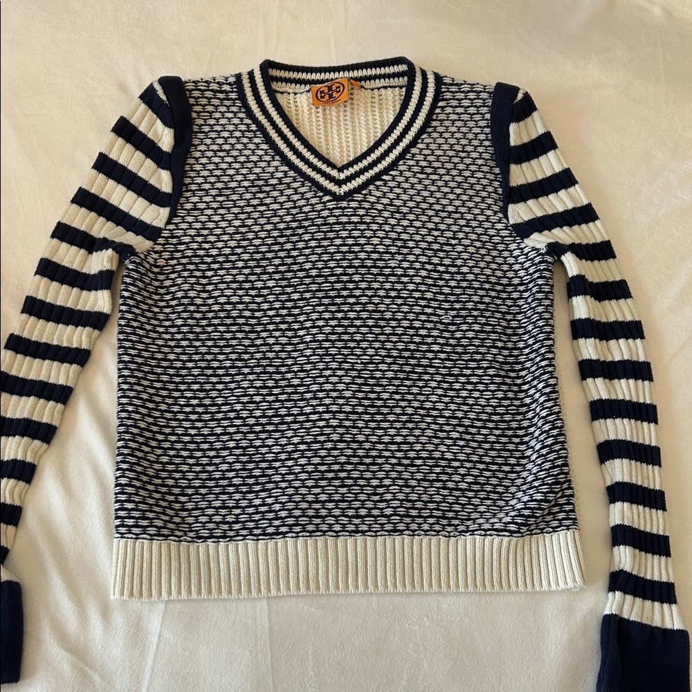 Tory Burch Navy and Cream Striped V-Neck Knit Top Crochet Backside L